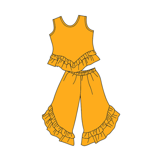 (Custom Design Preorder MOQ 5) Mustard Sleeveless Top Ruffles Pants Girls Clothes Set