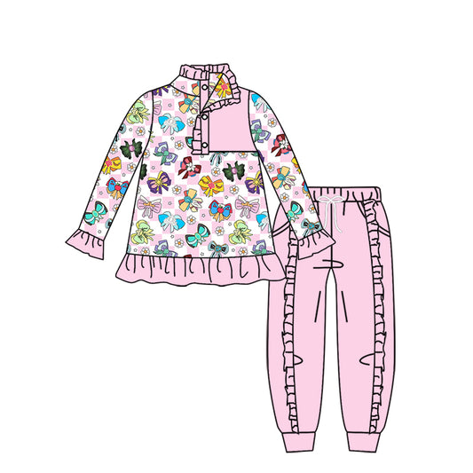 11.16(Custom Design Preorder MOQ 5) Cartoon Princess Bows Pullover Top Pink Pants Girls Fall Clothes Set