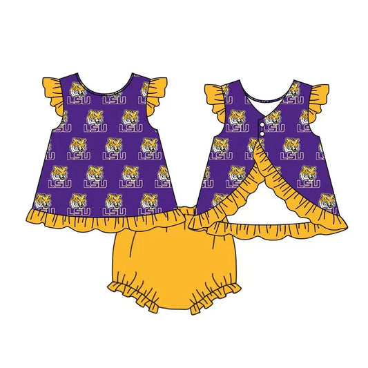 (Custom Design Preorder MOQ 5) Team's LSU Print Baby Girls Summer Bummie Sets