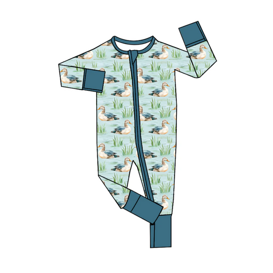 (Custom Design Preorder MOQ 5) Green Duck Print Baby Boys Fall Sleeper Zipper Romper