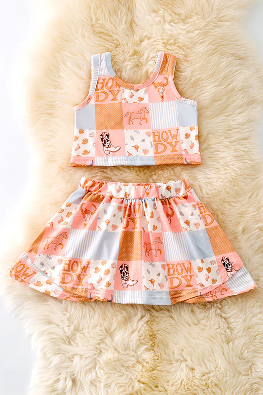(Custom Design Preorder MOQ 5) HOWDY Boots Plaid Crop Top Skirts Girls Summer Western Clothes Set