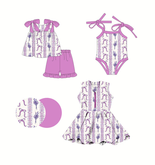 2.24(Custom Design Preorder MOQ 5 Each Design) Purple Bows Print Girls Summer Matching Clothes Sisters Wear