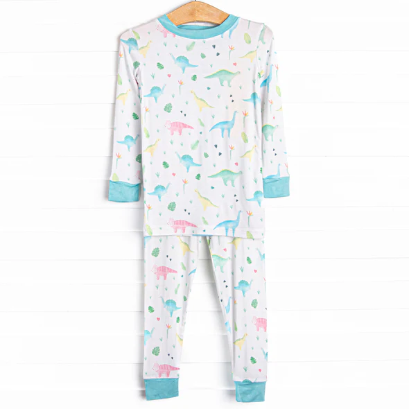 (Custom Design Preorder MOQ 5) Colorful Dino Print Girls Fall Pajamas Clothes Set