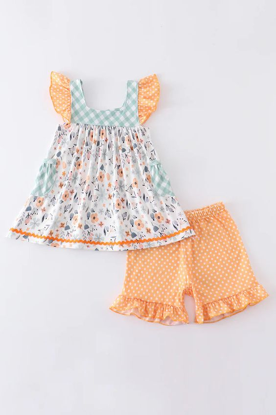 (Custom Design Preorder MOQ 5)  Flowers Orange Print Girls Summer Clothes Set