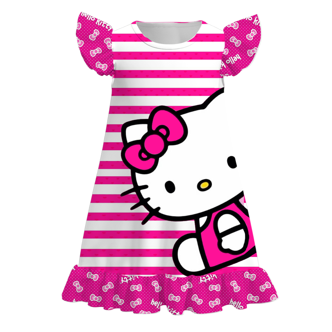 (Custom Design Preorder MOQ 5)  Cartoon Cat Pink Stripes Print Girls Knee Length Summer Dress