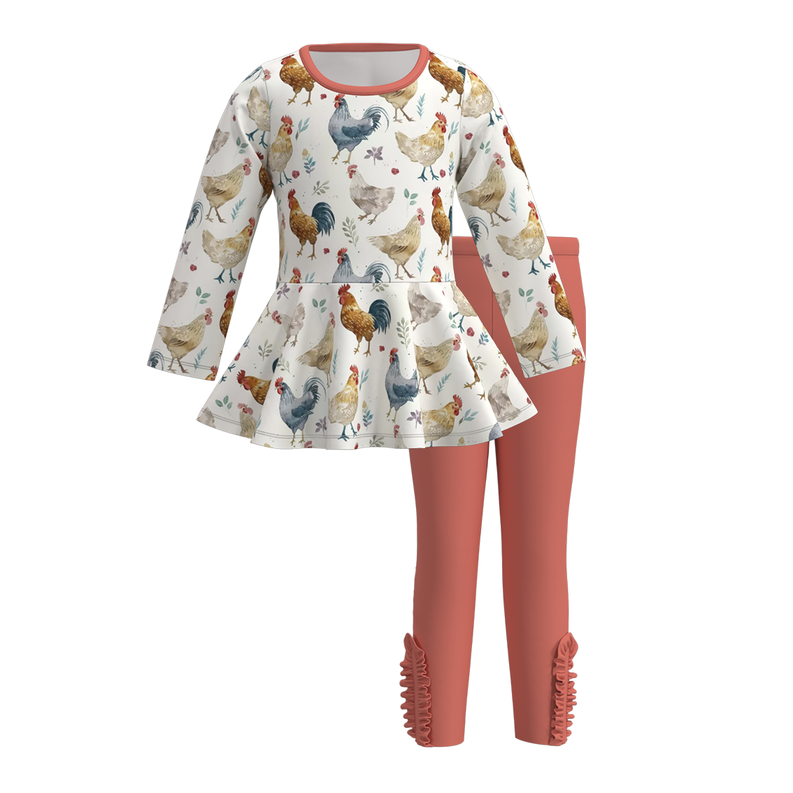 (Custom Design Preorder MOQ 5) Chicken Flowers Tunic Top Red Pants Girls Fall Clothes Set