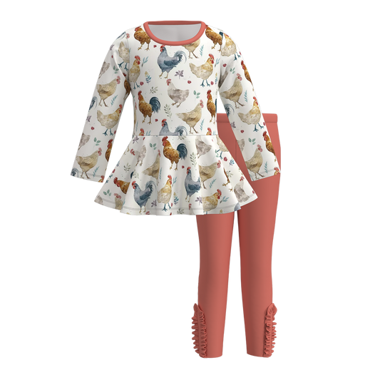 (Custom Design Preorder MOQ 5) Chicken Flowers Tunic Top Red Pants Girls Fall Clothes Set