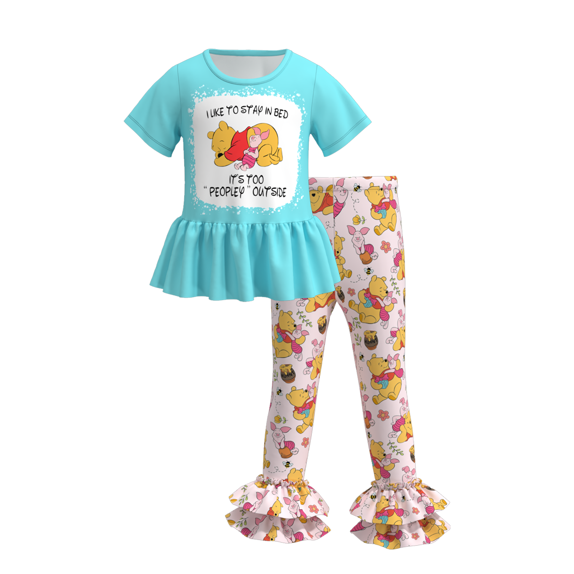 (Custom Design Preorder MOQ 5) Cartoon Bear Top Ruffle Pants Girls Clothes Set