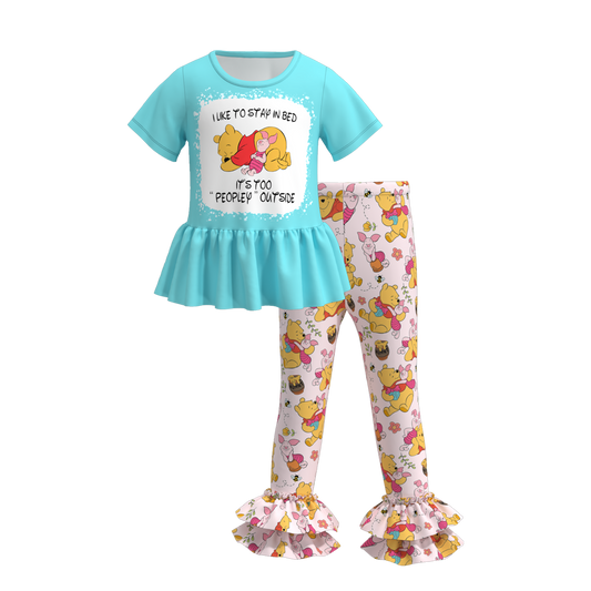 (Custom Design Preorder MOQ 5) Cartoon Bear Top Ruffle Pants Girls Clothes Set