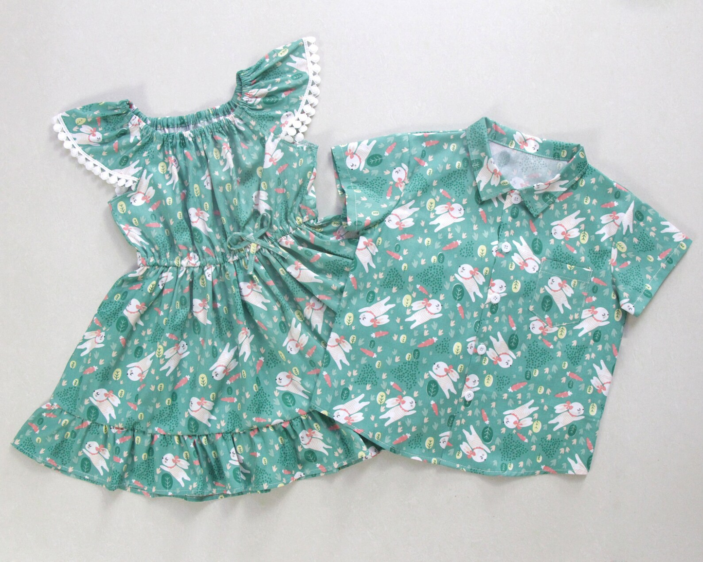 (Custom Design MOQ 5) Green Color Bunny Print Girls Knee Length Easter Dress