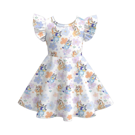 (Custom Design Preorder MOQ 5) Cartoon Dog Flowers Print Girls Summer Knee Length Dress