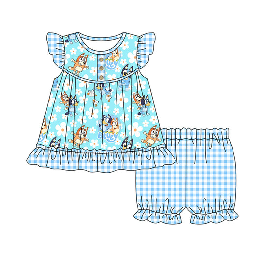 (Custom Design Preorder MOQ 5) Blue Cartoon Dog Flowers Top Plaid Shorts Girls Summer Clothes Set