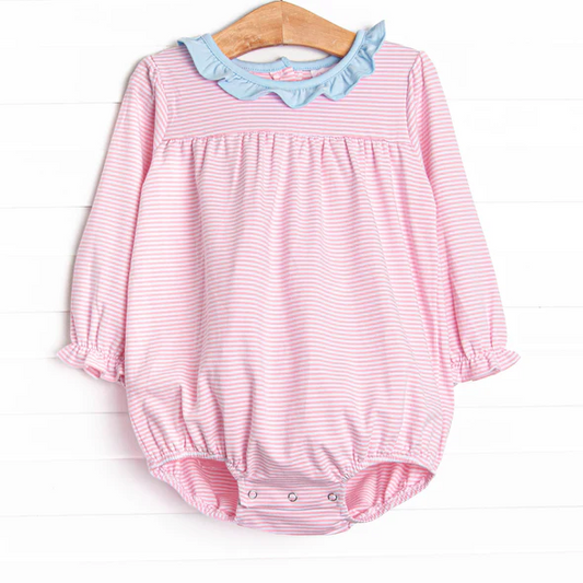 (Custom Design Preorder MOQ 5) Pink Stripes Print Baby Girls Fall Romper