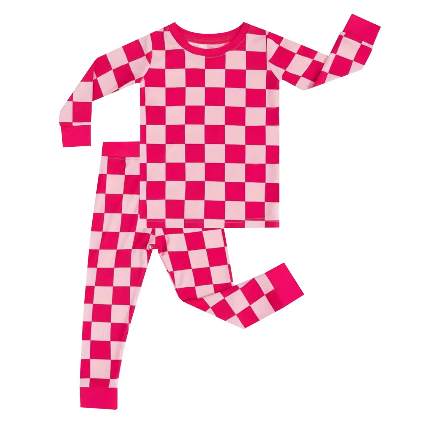 (Custom Design Preorder MOQ 5) Hotpink Plaid Print Girls Fall Pajamas Clothes Set