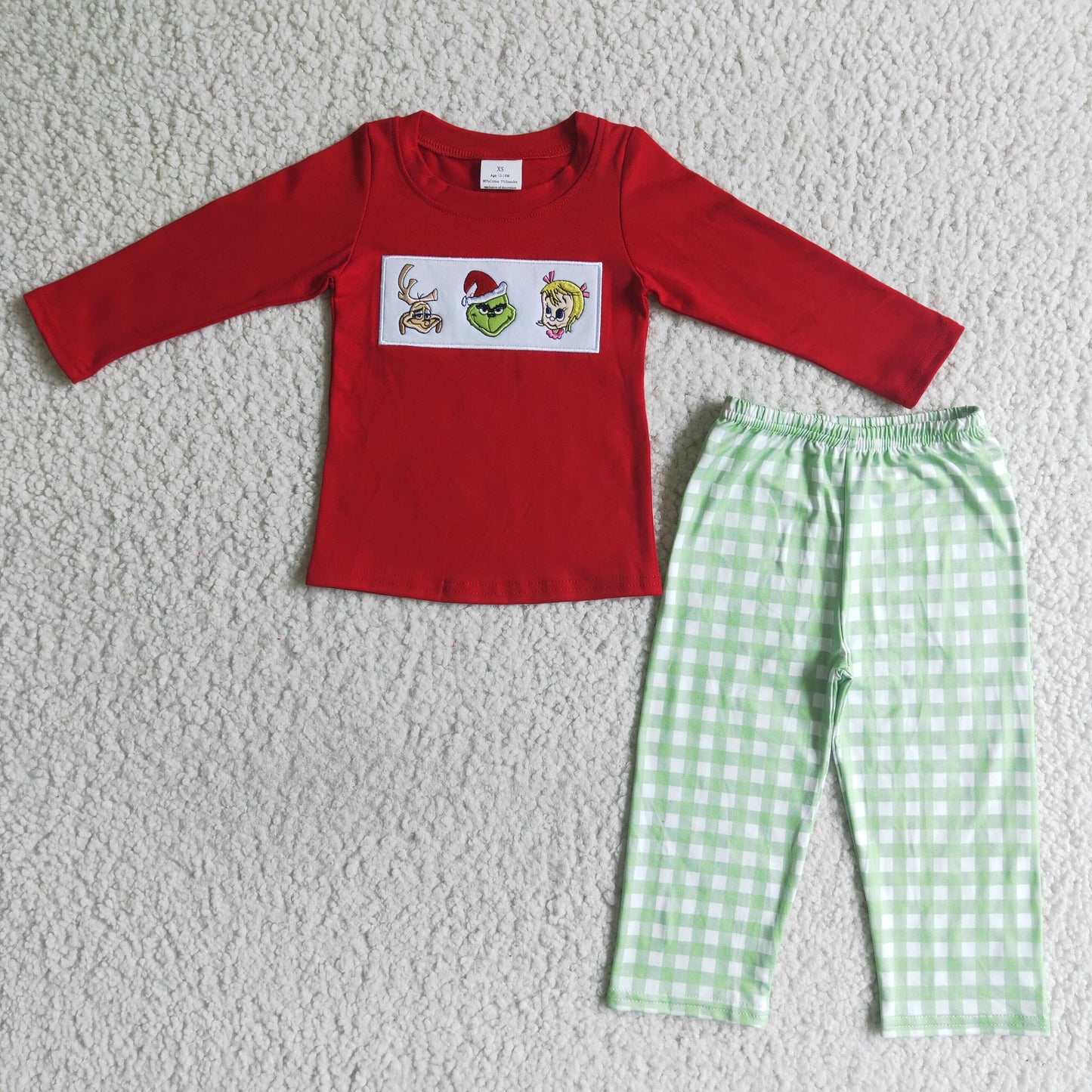 Green Frog Embroidery Plaid Print Sibling Christmas Matching Clothes