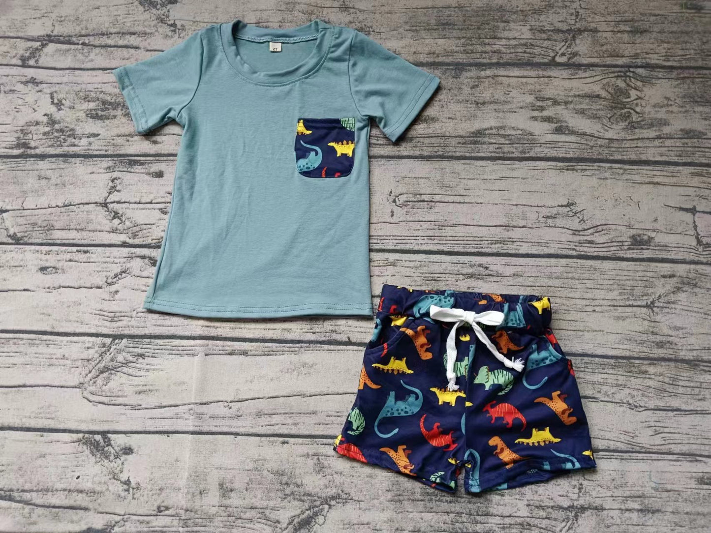 (Custom Design Preorder MOQ 5) Pocket Top Dino Shorts Boys Summer Clothes Set