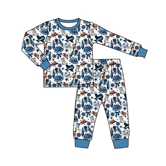 (Custom Design Preorder MOQ 5) Team's COWBOYS Bows Print Girls Pajamas Clothes Set