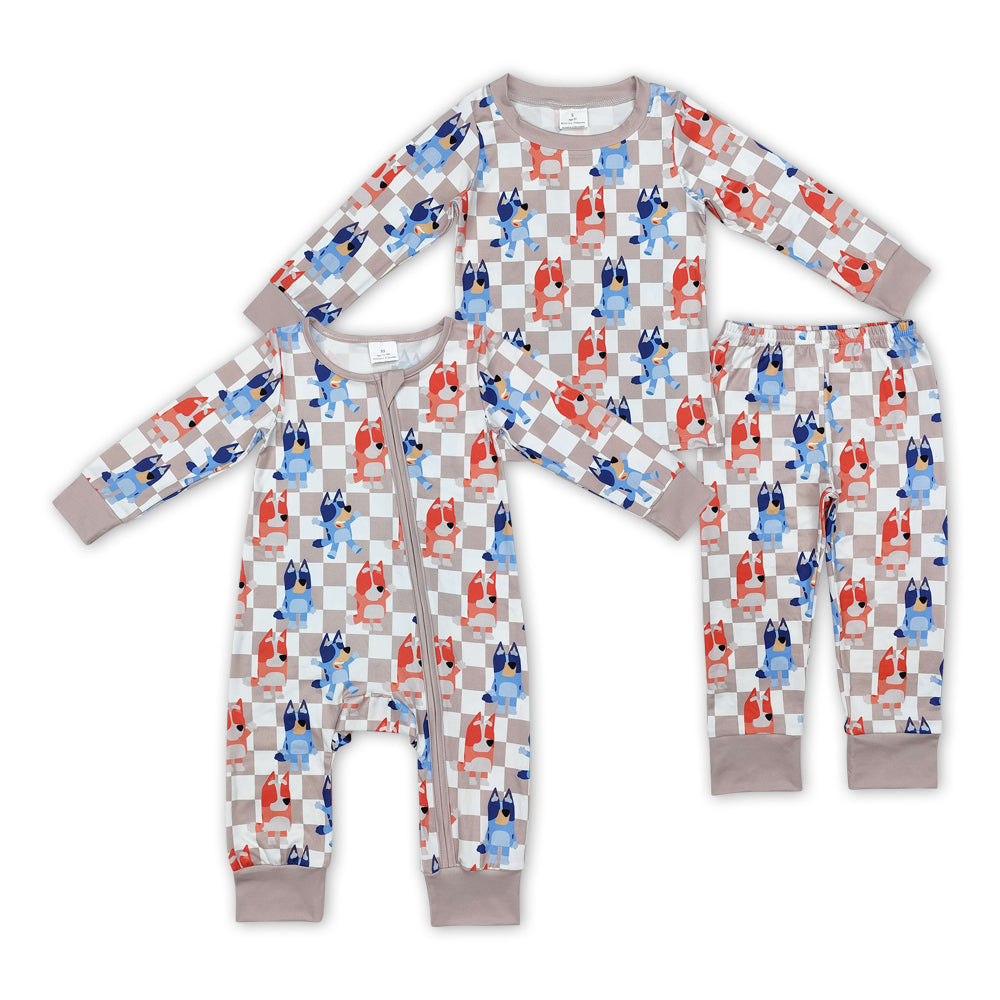 Cartoon Dog Plaid Print Brothers Pajamas Matching Clothes