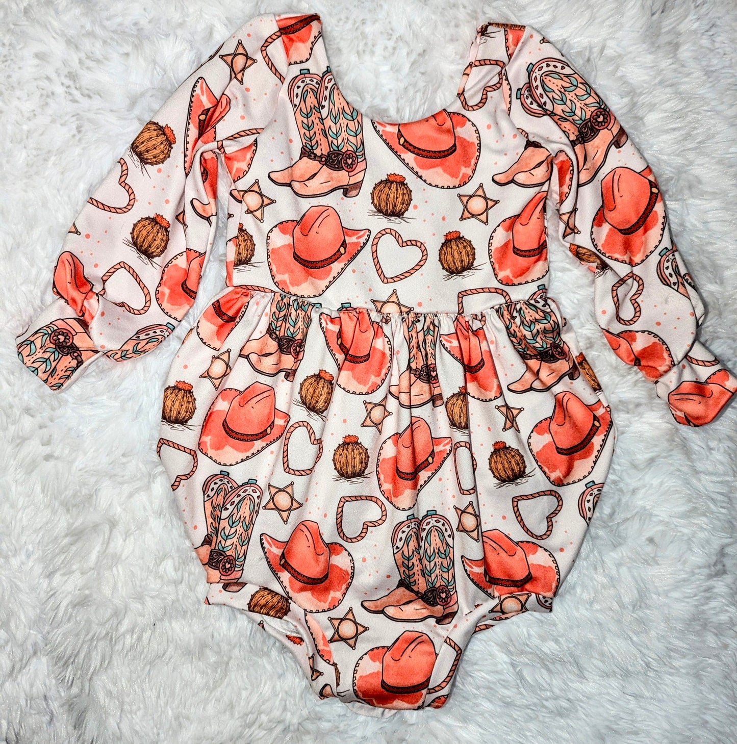 (Custom Design Preorder MOQ 5) Boots Hat Heart Print Baby Girls Valentine's Day Romper