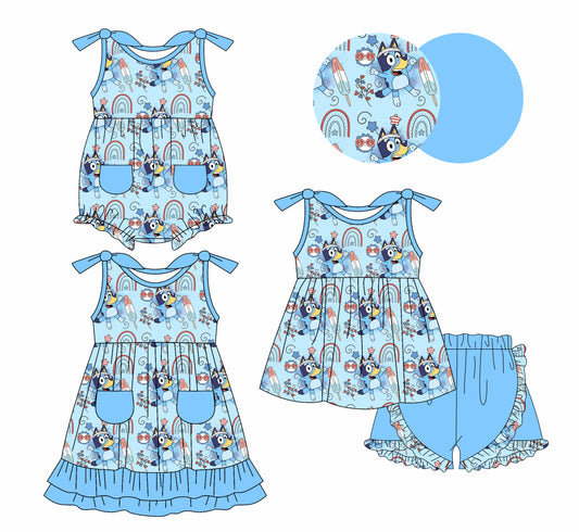 1.7(Custom Design Preorder MOQ 5 Each Design) Cartoon Dog Stars Blue Print Girls 4th of July Matching Clothes Sisters Wear