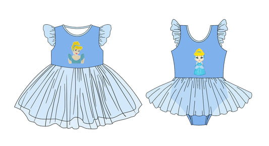 3.11(Custom Design Preorder MOQ 5 Each Design) Cartoon Princess Blue Print Girls Summer Tulle Matching Clothes Sisters Wear
