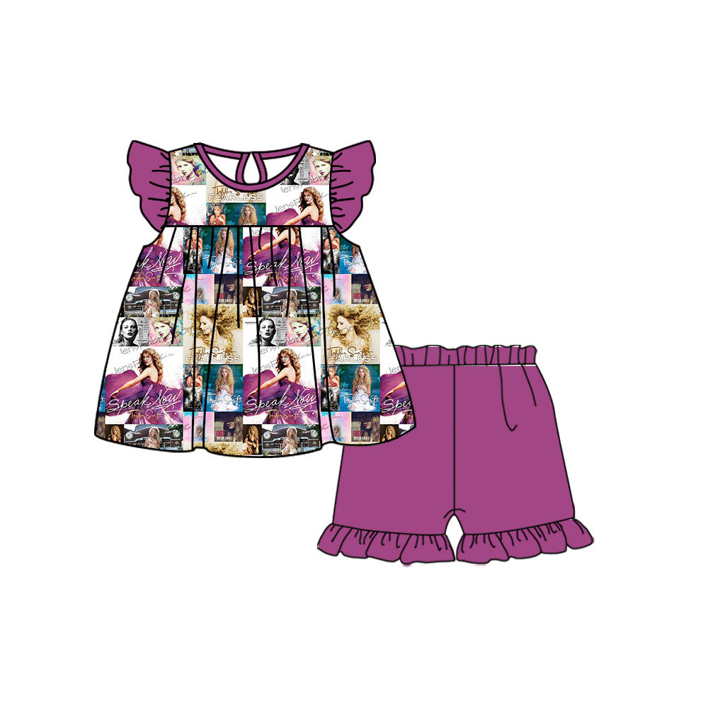 (Custom Design Preorder MOQ 5) Singer Swiftie Top Dark Purple Shorts Girls Summer Clothes Set
