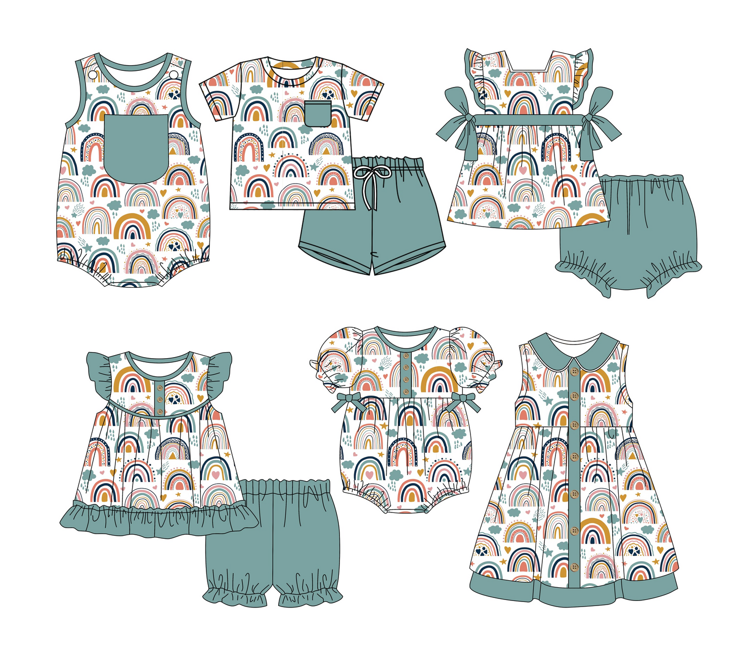 3.3(Custom Design Preorder MOQ 5 Each Design) Rainbow Print Kids Summer Matching Clothes Sibling Wear