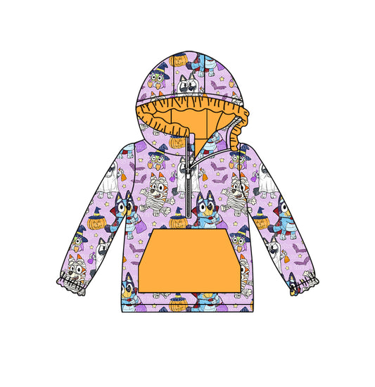 (Custom Design Preorder MOQ 5) Cartoon Dog Print Girls Halloween Hoodie Zipper Tops