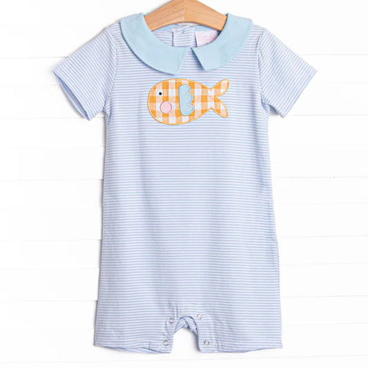 (Custom Design Preorder MOQ 5) Fish Stripes Print Baby Boys Summer Romper