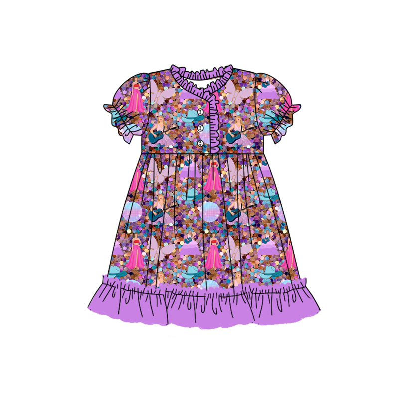 12.12(Custom Design Preorder MOQ 5) Singer Swiftie Purple Print Girls Summer Pajamas Knee Length Dress