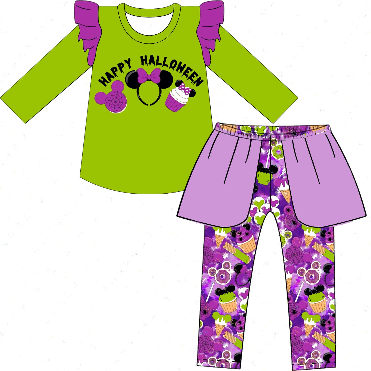 (Custom Design Preorder MOQ 5) Cartoon Mouse Print Top Purple Pants Girls Halloween Clothes Set