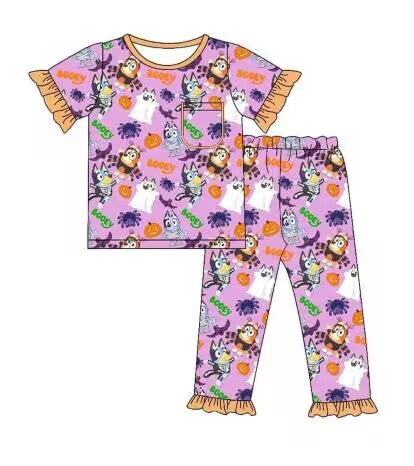 (Custom Design Preorder MOQ 5) Cartoon Dog Pumpkin Black Print Girls Halloween Pajamas Clothes Set