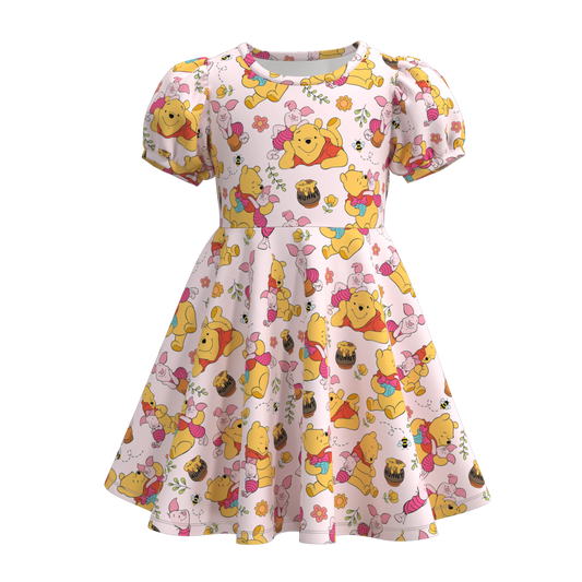 (Custom Design Preorder MOQ 5) Cartoon Bear Flowers Print Girls Knee Length Summer Dress