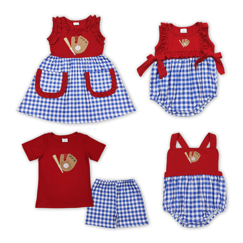 Baseball Embroidery Blue Plaid Print Sibling Summer Matching Clothes