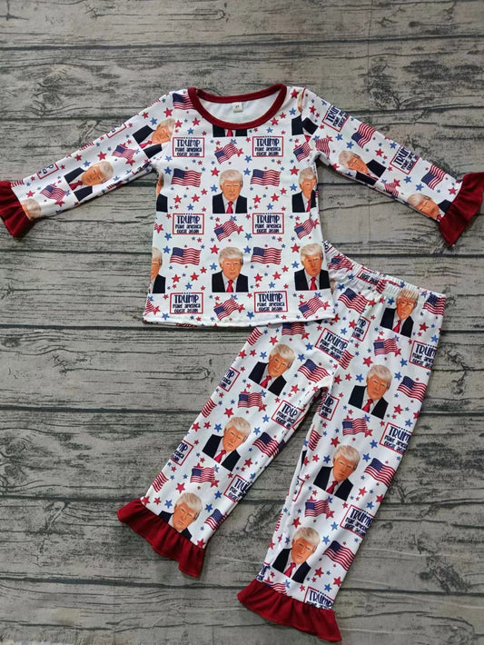 (Custom Design Preorder MOQ 3 ) Trump Flag Print Girls Pajamas Clothes Set