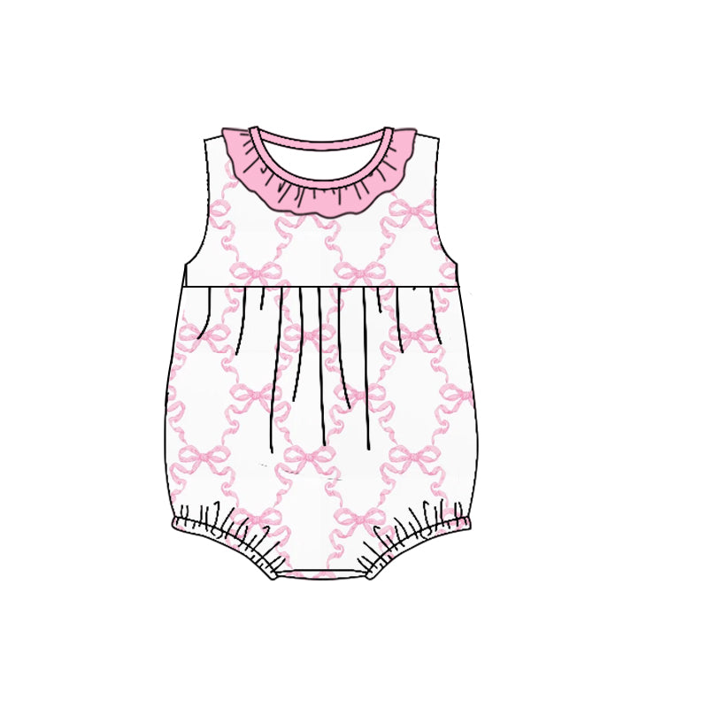 (Custom Design Preorder MOQ 5) Pink Bows Print Baby Girls Summer Sleeveless Romper