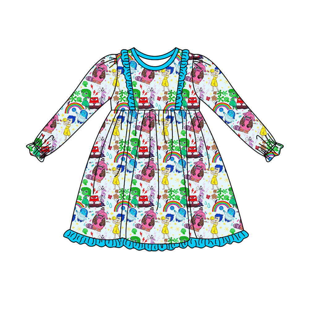 (Custom Design Preorder MOQ 5) Cartoon Figure Inside Out Rainbow Print Girls Knee Length Dress