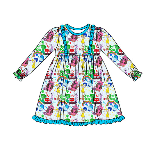 (Custom Design Preorder MOQ 5) Cartoon Figure Inside Out Rainbow Print Girls Knee Length Dress