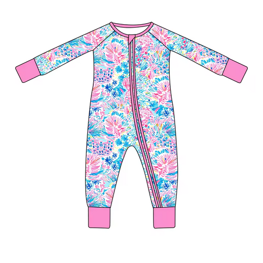 (Custom Design Preorder MOQ 5) Flowers Print Baby Girls Fall Sleeper Zipper Romper