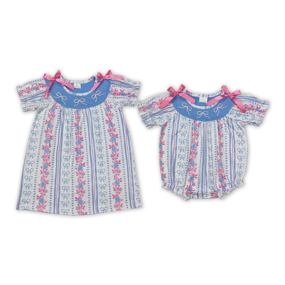 Bows Embroidery Flowers Print Sisters Summer Matching Clothes