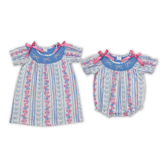 Bows Embroidery Flowers Print Sisters Summer Matching Clothes