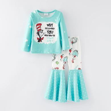 (Custom Design Preorder MOQ 5) Dr.Reading Aqua Top Bell Pants Girls Clothes Set