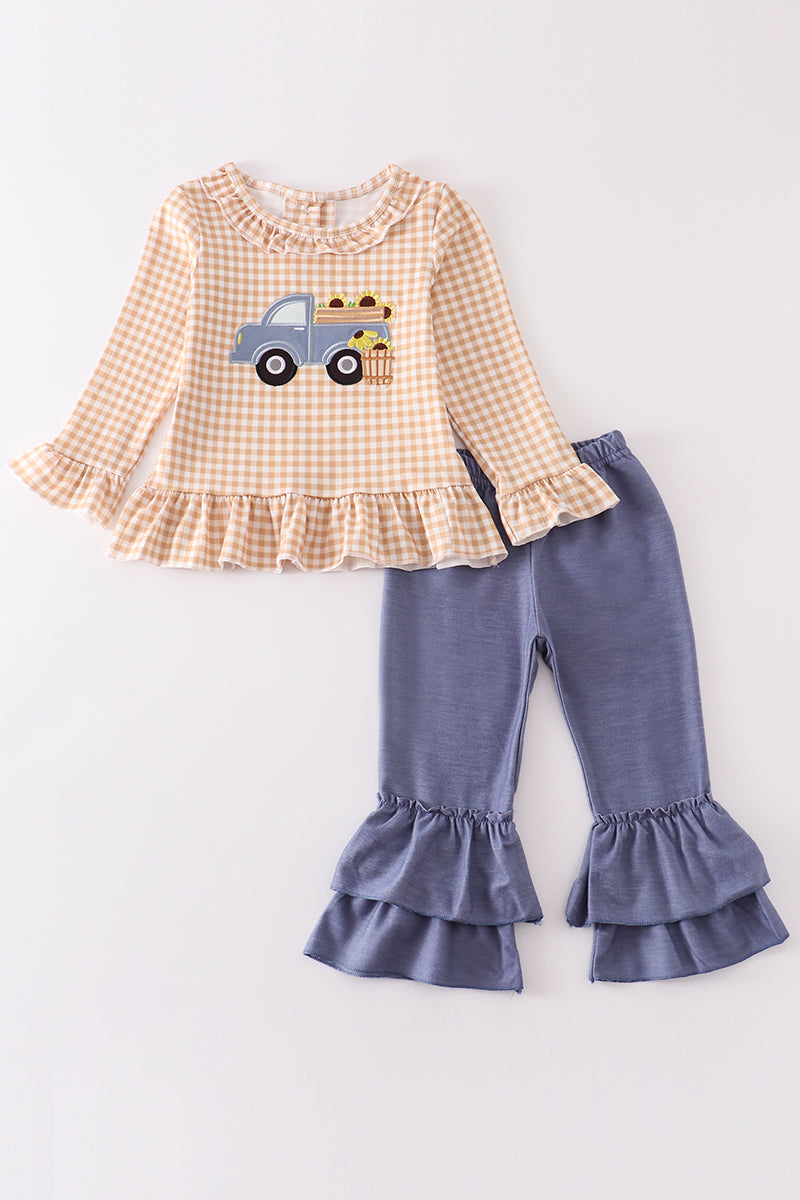 (Custom Design Preorder MOQ 5) Truck Sunflowers Top Ruffle Pants Girls Fall Clothes Set