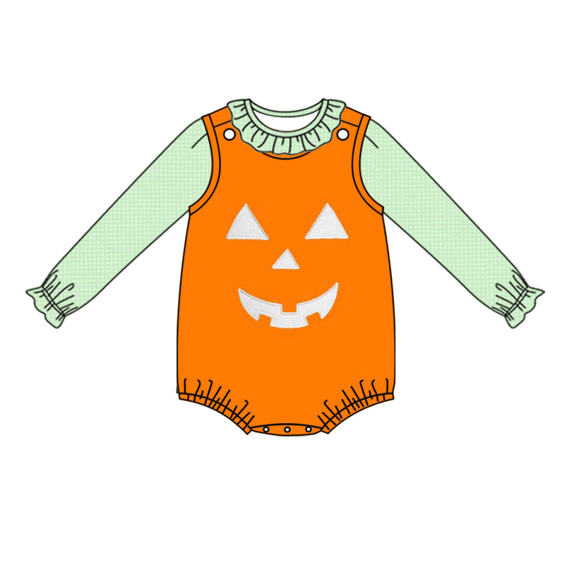 (Pre-order)LR1390 Green Top Halloween Ghost Face Romper Baby Girls 2 Pieces Halloween Clothes Set