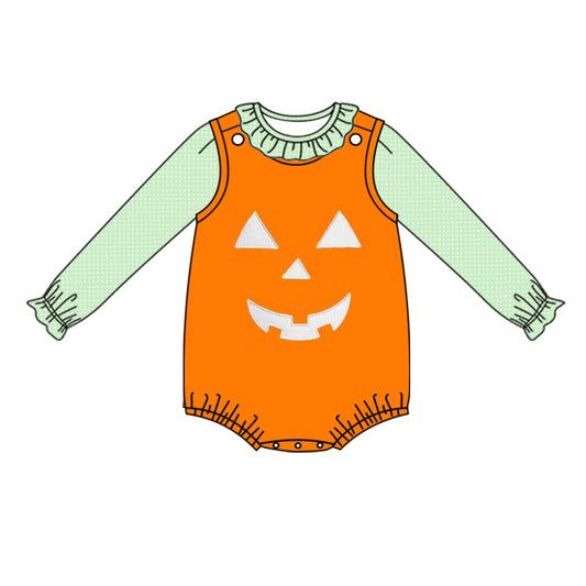 (Pre-order)LR1390 Green Top Halloween Ghost Face Romper Baby Girls 2 Pieces Halloween Clothes Set