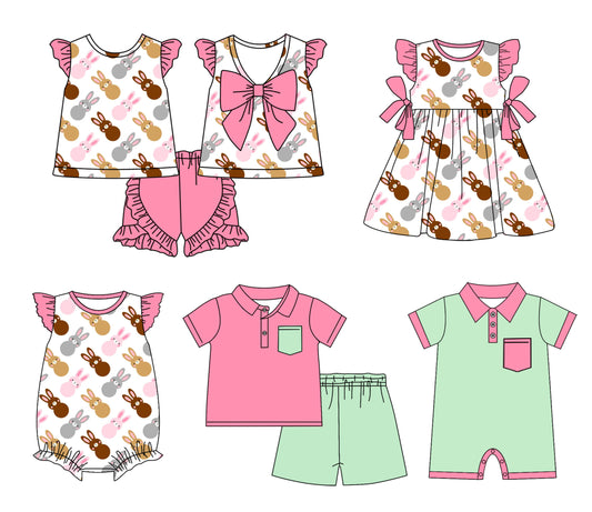 12.23 (Custom Design Preorder MOQ 5 Each Design) Bunny Pink Print Kids Easter Matching Clothes Sibling Wear