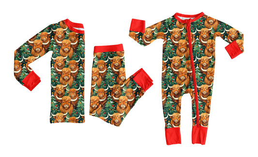 7.24 (Custom Design Preorder MOQ 5 Each Design) Highland Cow Print Kids Christmas Pajamas Matching Clothes