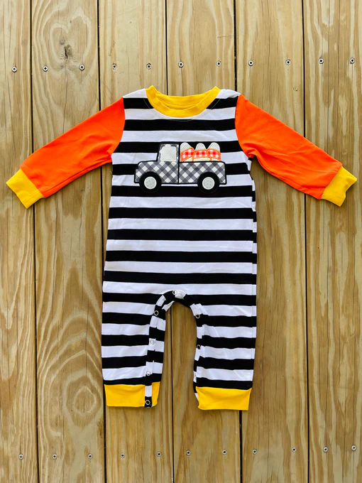 (Custom Design Preorder MOQ 5) Candy Trucks Stripes Print Baby Boys Halloween Romper