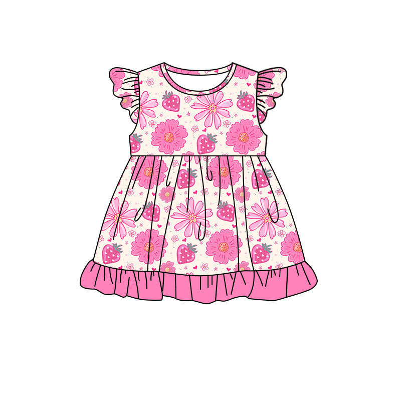 (Custom Design Preorder MOQ 5) Strawberry Flowers Print Girls Knee Length Summer Dress