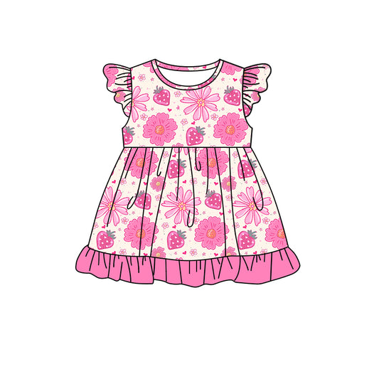 (Custom Design Preorder MOQ 5) Strawberry Flowers Print Girls Knee Length Summer Dress
